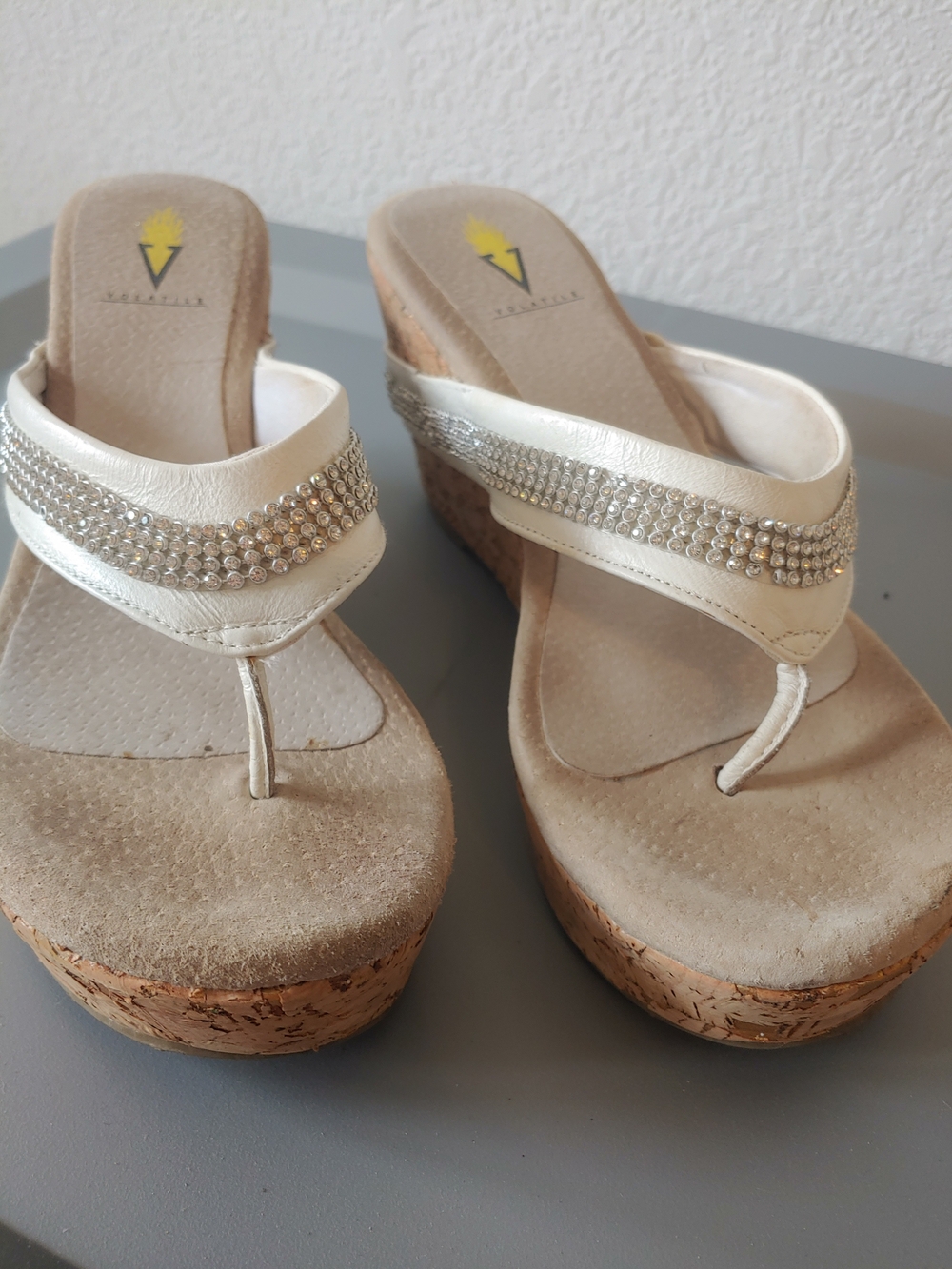 Volatile Cream Rhinestone Cork Wedge Thong Sandals